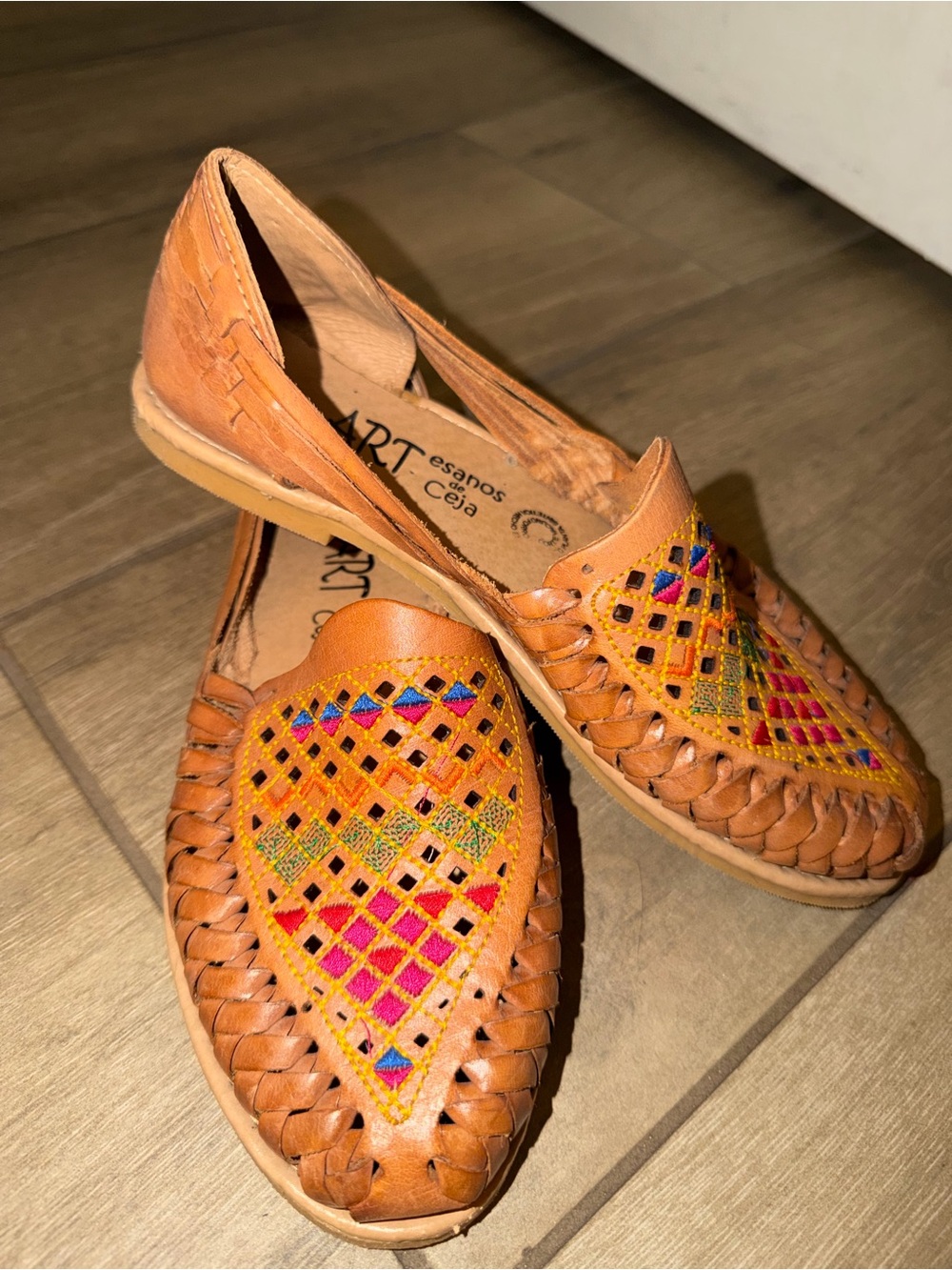 Handwoven Tan Leather Huarache Flats with Multicolor Embroidery